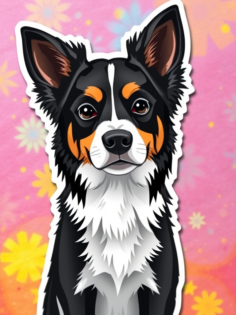 generate sticker, 3D black and white cav a malt dog breed, colorful background