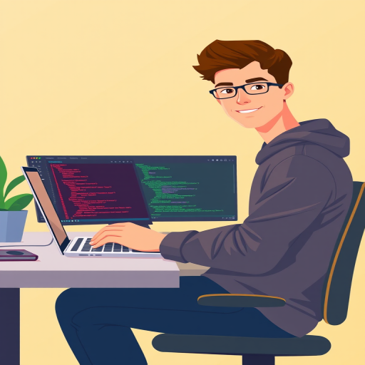 Create a digital illustration of a young male programmer sitting at a laptop with coding windows open on the screen, using a front view perspective, in a flat design style, with a bright color palette and clean lines, simulate a Canon EOS 5D Mark IV with a 50mm lens, aperture set to f/1.8, ISO 100, and a focus on vibrant colors and clarity.
