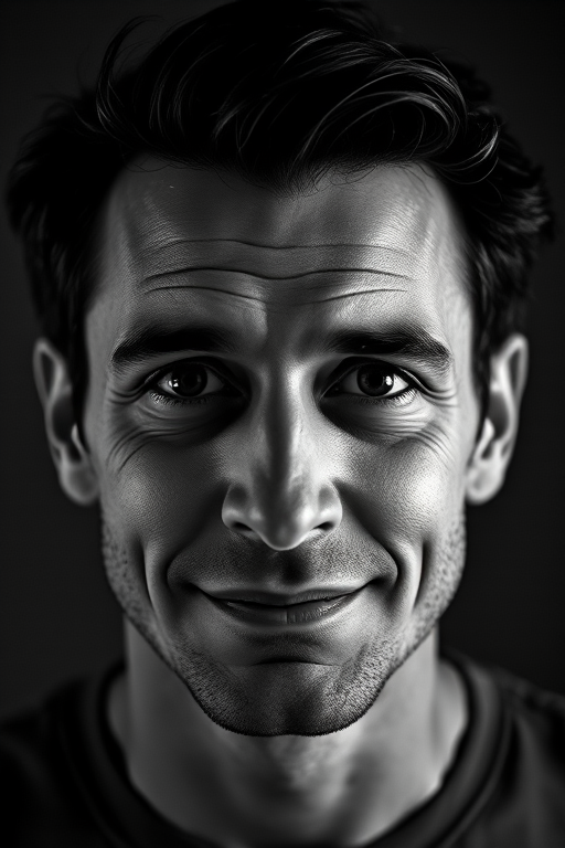Create a high-contrast black and white portrait of a man with a slight smirk, using a Canon EOS R5 with a 50mm lens, aperture set to f/1.8, ISO 100, and shutter speed of 1/200s, in a studio setting with soft lighting to enhance facial features.