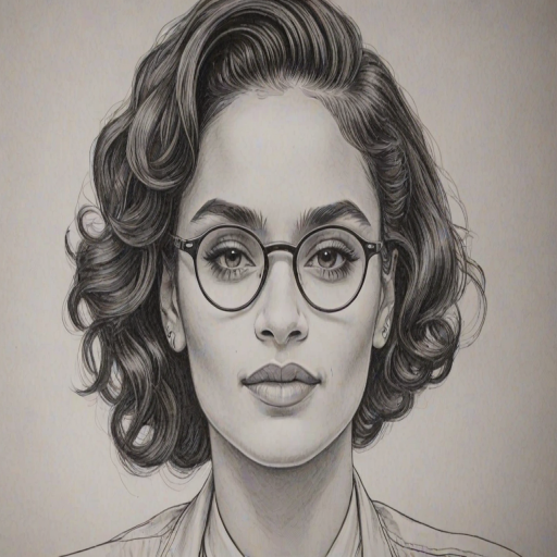 Resplendent Kehlani, pencil sketch, portrait of Superb woman 1945s in glasses, hair style beatnik, outline, clear lines, fine lines, 8k