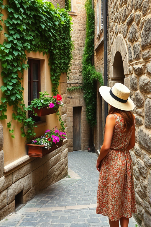 Old European alleyway, cobblestones underfoot and ivy climbing up the stone walls, a woman in a sunhat stops to admire a window box full of colorful flowers.