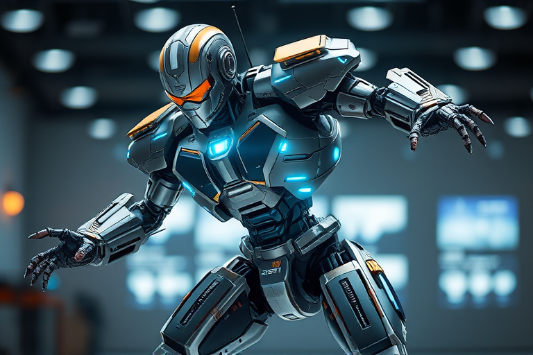 Create a detailed illustration of a futuristic robot in a dynamic pose with metallic textures and glowing elements, captured with a DSLR camera at f/2.8, ISO 100, 50mm lens, using a shallow depth of field to emphasize the robot and a soft bokeh background, in a well-lit studio setting.