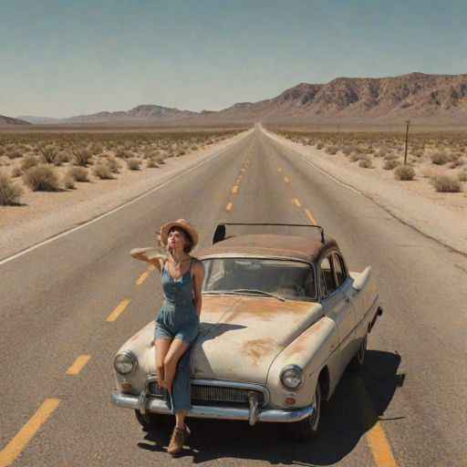Lonely highway stretching into the desert, a woman standing by her vintage car, the heat waves rising off the asphalt, a map spread on the hood.