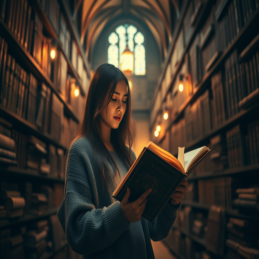 A mysterious library filled with ancient books and magical light, a woman in a gray sweater reading an illuminated book, soft warm lighting, shallow depth of field, taken with a Canon EOS R5, 50mm lens at f/1.8, ISO 200, low angle view, cinematic style.