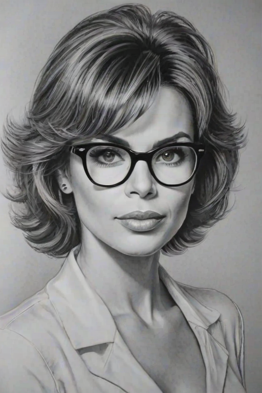Comely Lisa Rinna, pencil sketch, portrait of Splendid woman 1946s in glasses, hair style beatnik, outline, clear lines, fine lines, 8k
