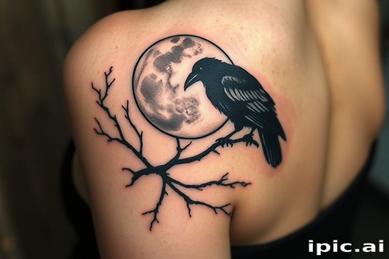 Illustrative blackwork tattoo named "Midnight Serenade" featuring a hauntingly beautiful scene of a raven perched on a moonlit branch, with stark black silhouettes and negative space creating a dramatic contrast against the skin