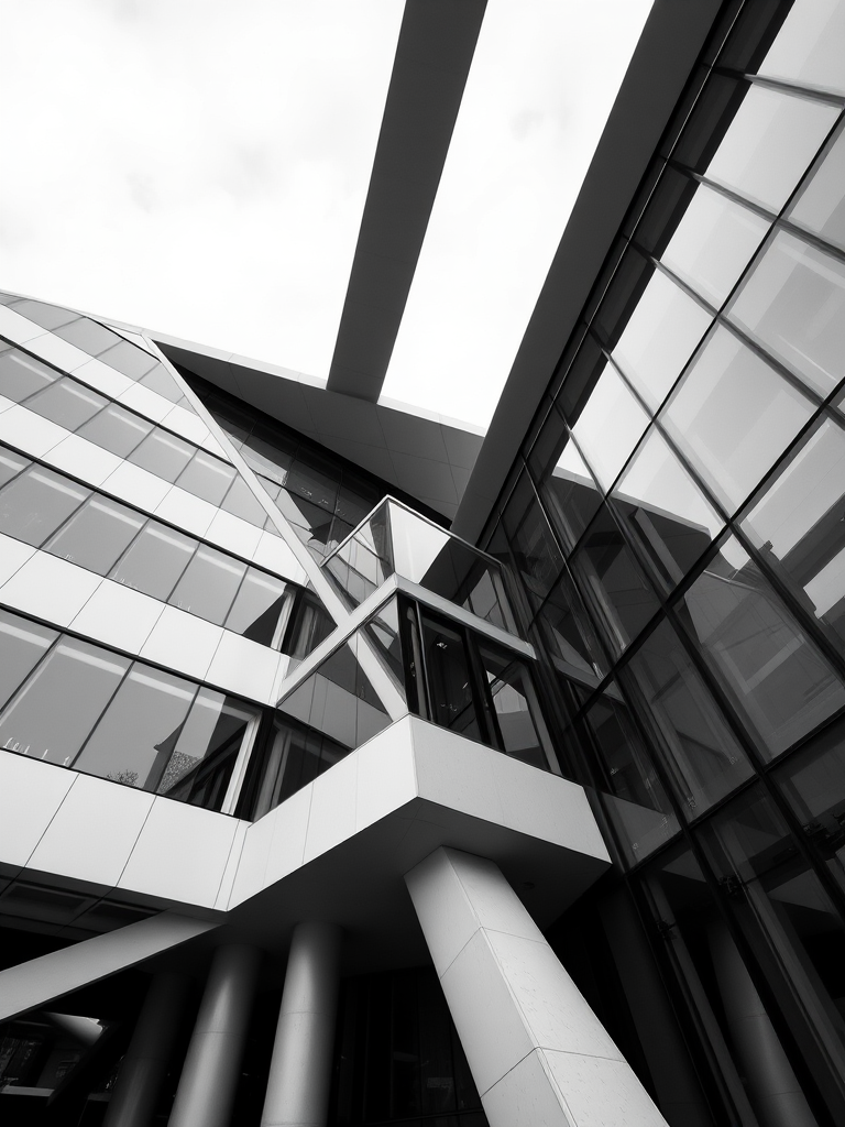 modern architectural design with sharp angles and glass facades, black and white, ISO 100, f/8, 1/250s, wide-angle lens, taken from a low angle to emphasize structure details, DSLR camera