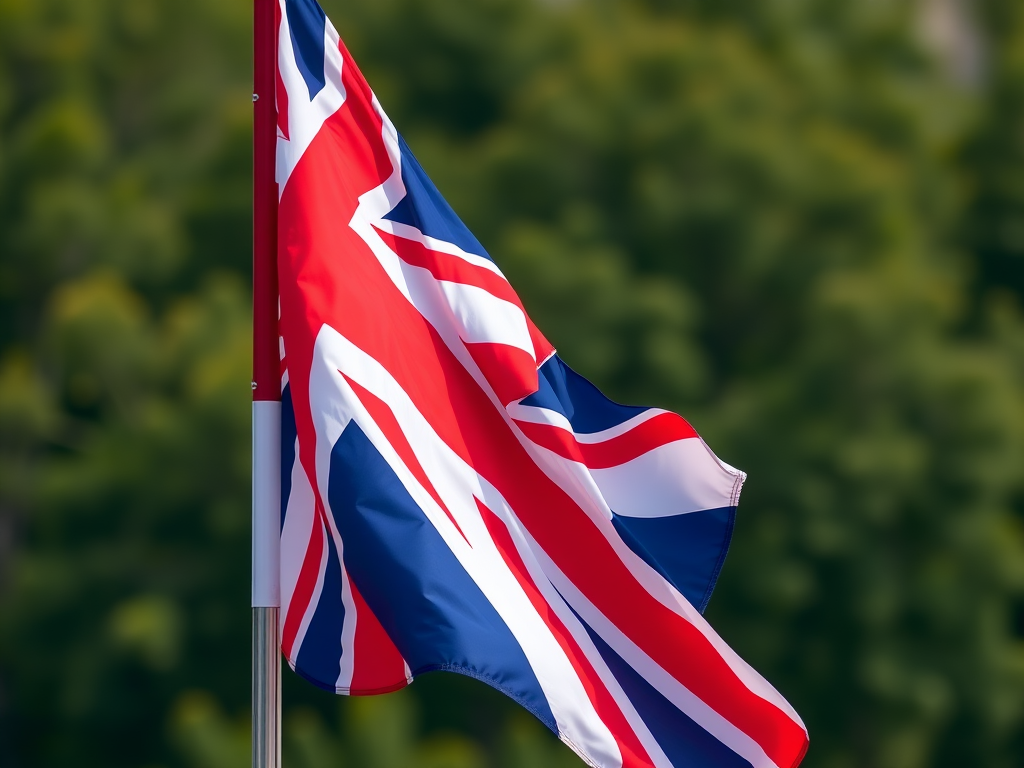 high-resolution image of the United Kingdom flag waving in the wind, DSLR camera, f/8 aperture, 1/250 sec shutter speed, 50mm lens, natural lighting, 4K quality