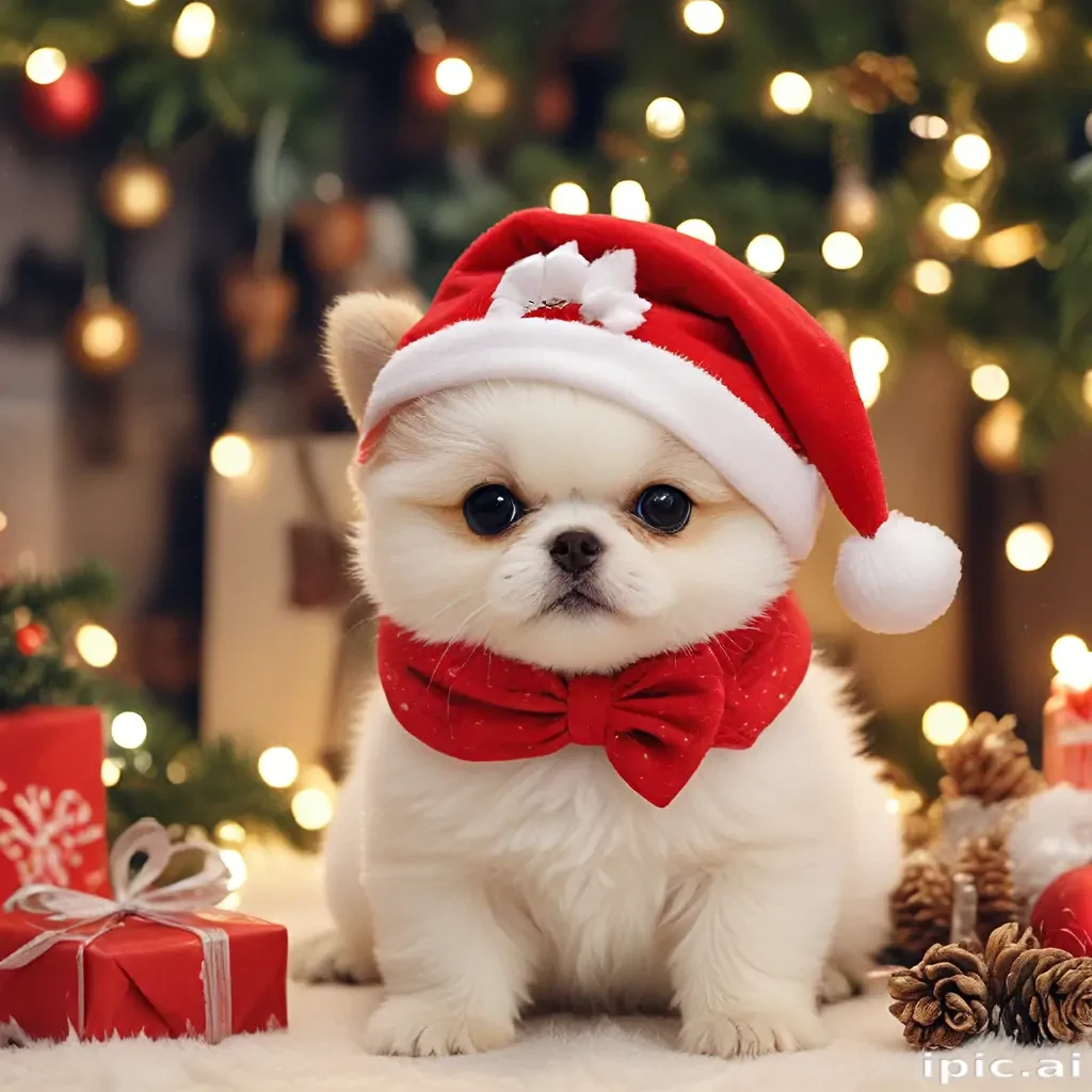 Adorable Puppy Dressed in Santa Hat Celebrating Christmas Among Gifts