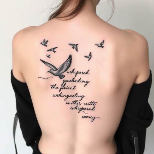 Minimalist black line art tattoo called "Whispered Secrets" depicting delicate silhouettes of birds in flight intertwined with flowing script words, creating an ethereal and poetic design for the back
