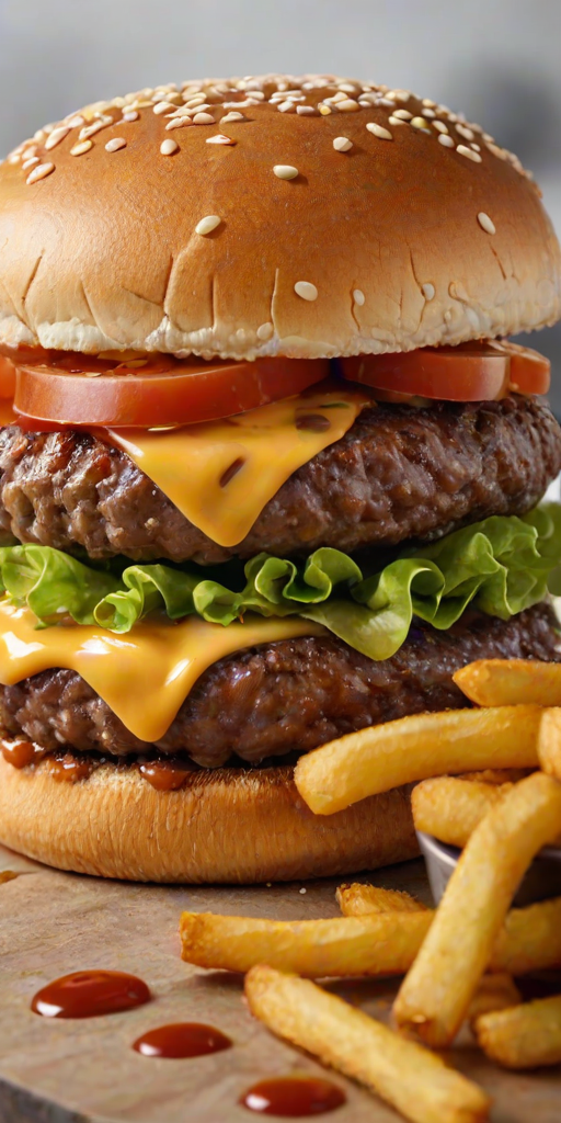 High-resolution, close-up image of a gourmet double cheeseburger. The burger features a glossy, sesame-seed-topped brioche bun. Inside, there are two thick, juicy beef patties, each topped with melted cheddar cheese. The burger is garnished with fresh lettuce, tomato slices, diced onions, and pickles. A generous amount of ketchup and a creamy, orange-colored sauce is dripping down the sides, adding to the mouth-watering appeal. In the background, there are blurred elements including a side of golden French fries and a hint of a beverage, enhancing the overall presentation of a delicious meal.