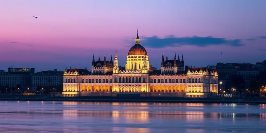 Capture the illuminated Hungarian Parliament Building at dusk with a wide-angle lens, f/8 aperture, ISO 100, 15 seconds exposure, tripod-mounted, taken from across the Danube River to enhance the reflection in the water.