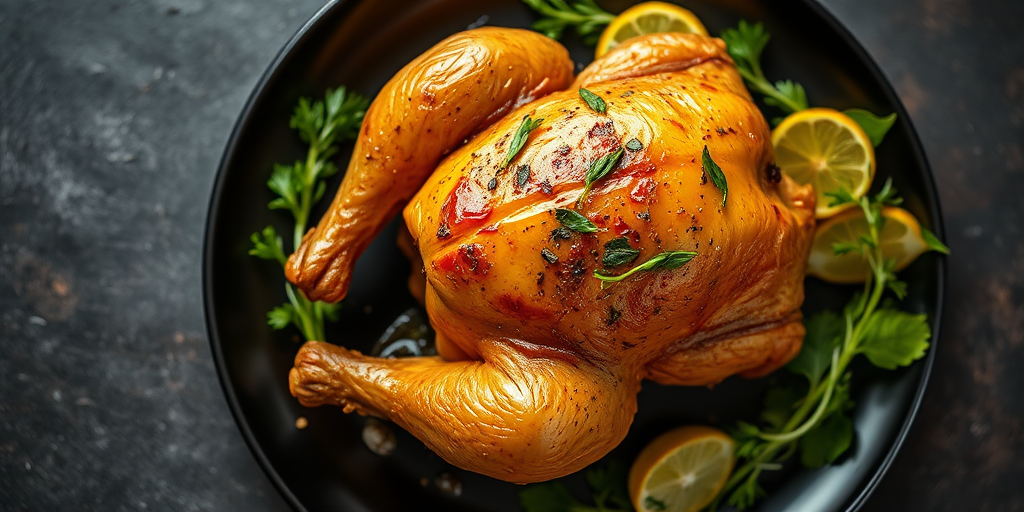 Roast chicken on a black plate with garnishing herbs, high-resolution photography, aperture f/4, shutter speed 1/125s, ISO 200, top-down view, soft diffused lighting, DSLR camera.