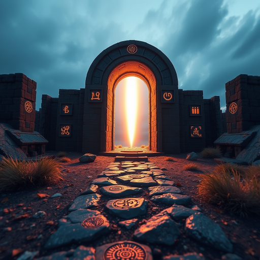 Create a surreal landscape featuring a mystical stone structure with glowing symbols and a radiant light source emerging from the center, captured with a DSLR camera at f/2.8, ISO 100, 50mm lens, wide-angle view, high dynamic range, soft focus for ethereal atmosphere.