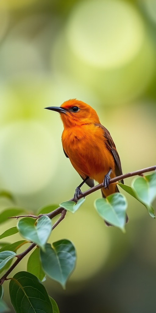 Create an image of a vibrant orange bird perched on a green leafy branch, captured with a Canon EOS 5D Mark IV, 85mm lens, f/2.8 aperture, ISO 200, natural light, shallow depth of field, soft bokeh background.