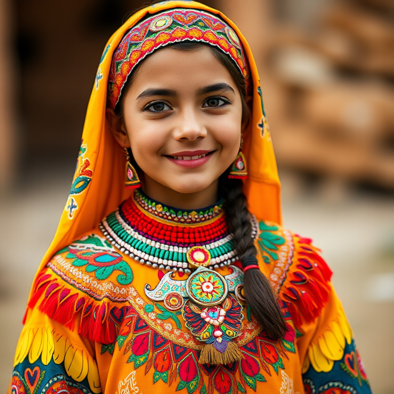A beautiful Middle Eastern girl, wearing colorful bird clothing with vibrant colors