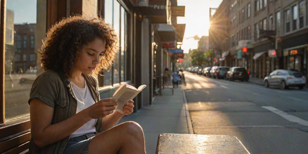Quiet street cafe on a warm afternoon, small tables lining the sidewalk, a woman with curly hair sits by the window, reading a book and sipping an iced coffee as the sun sets behind the buildings.
