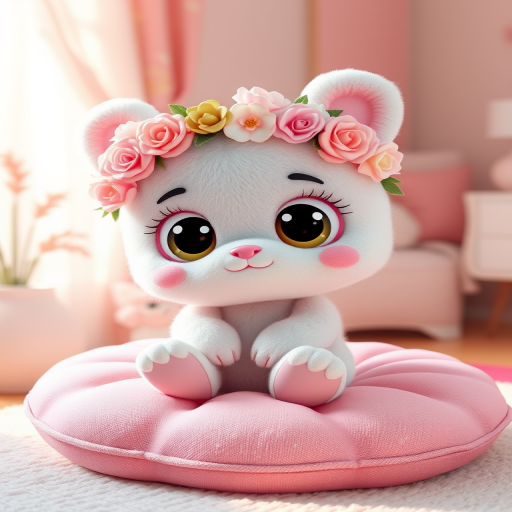 Create a highly detailed 3D render of a cute character with large eyes, fluffy features, floral crown, and pastel colors, sitting on a soft pink cushion, with soft lighting, 50mm lens, f/1.8 aperture, 1/200s shutter speed, in a cozy studio setting, using a Canon EOS camera.
