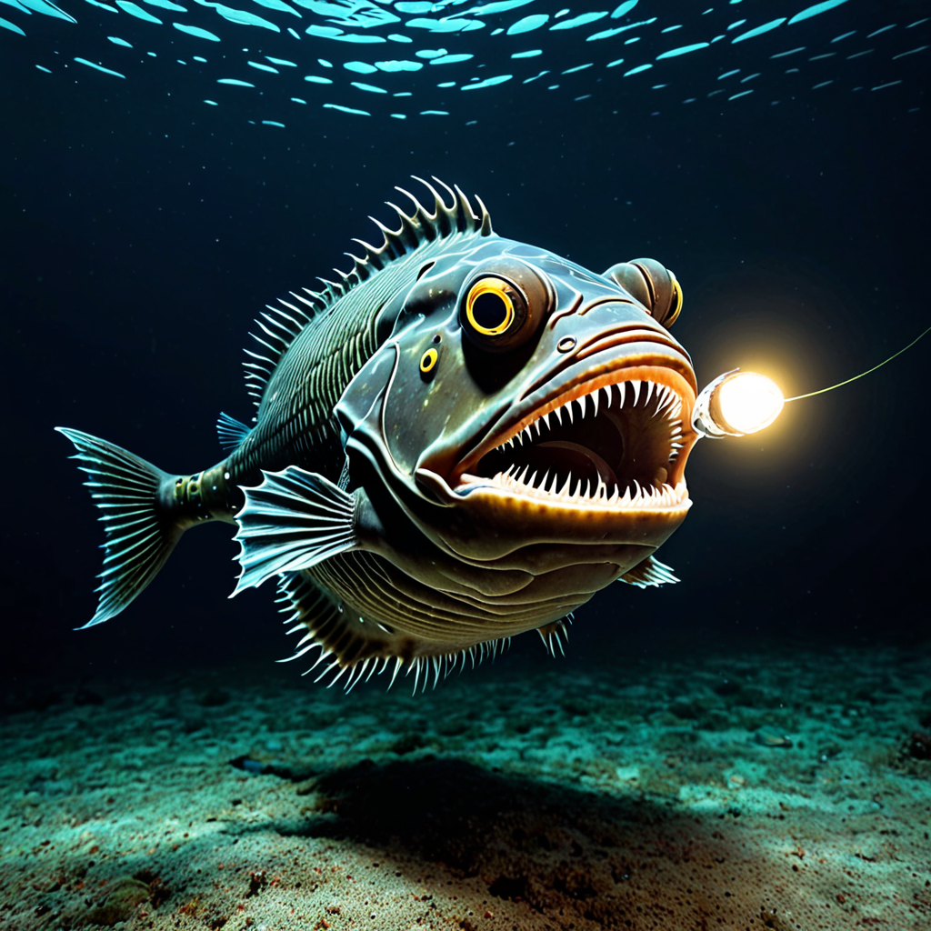 angler fish swimming towards viewer out of the dark depths of the sea ...