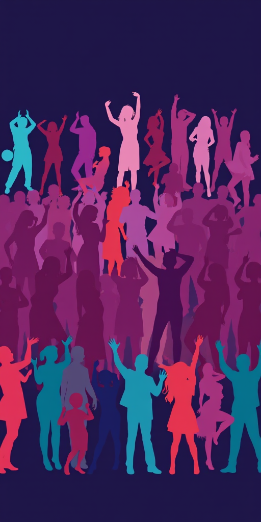 Create a high-resolution vector illustration of diverse silhouettes of people in playful poses, using vibrant colors like coral, lavender, and teal against a deep navy background, with a sharp focus and smooth gradients, shot with a DSLR camera at f/2.8, ISO 100, 1/125s, in a close-up view.