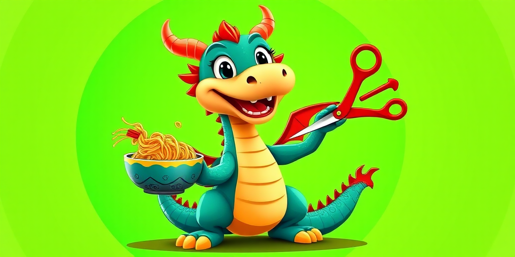 Create a colorful cartoon dragon character holding a bowl of noodles and a pair of scissors, set against a bright green circular background, using a DSLR camera, 50mm lens, f/2.8 aperture, 1/100 shutter speed, and vibrant colors to enhance image quality.