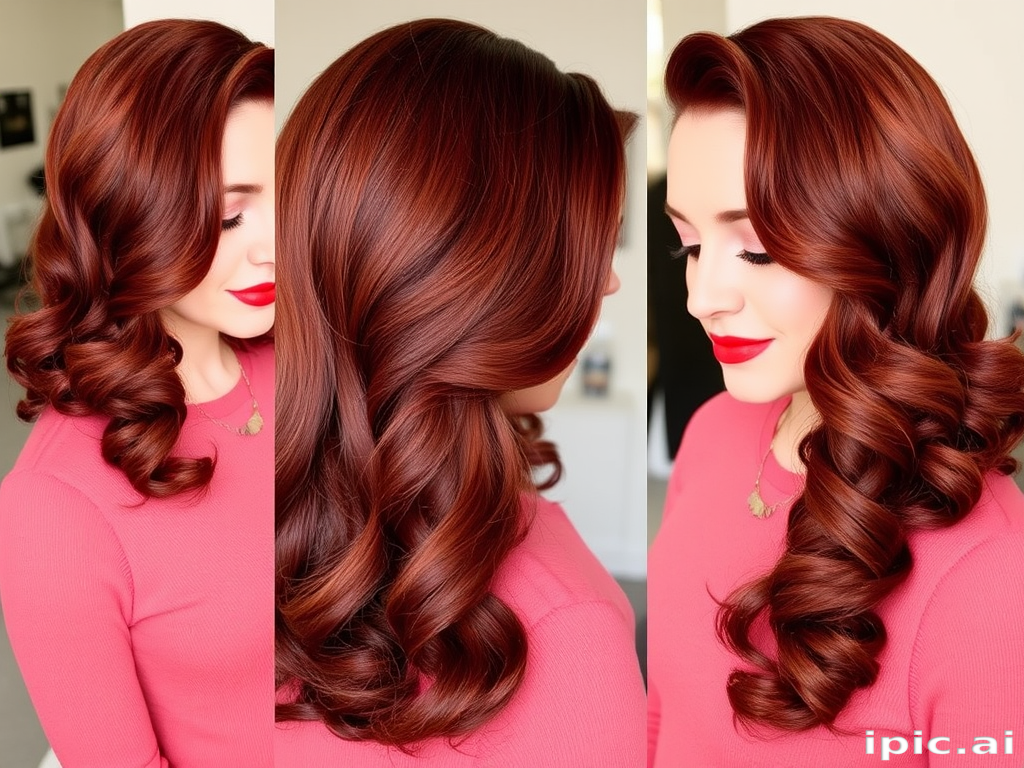 Mahogany red long layers styled in vintage pin-up curls, dubbed "Retro Glamour" look, incorporating a deep side part and glossy finger waves