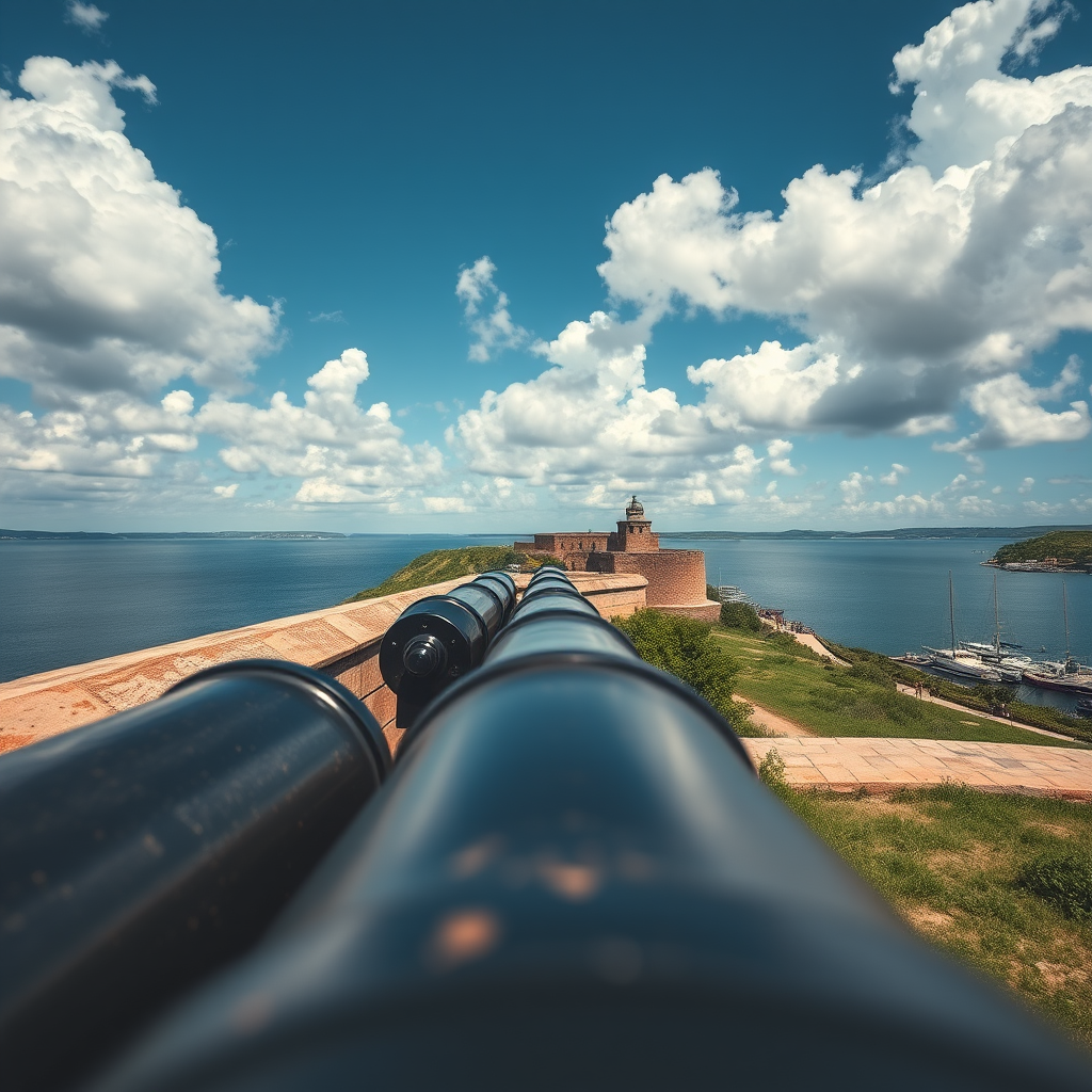 capture a scenic view of a historical fort with cannons overlooking the water, bright blue sky with fluffy clouds, enhance colors and contrast, use a Canon EOS R5 with a 24-70mm f/2.8 lens, aperture f/8, ISO 100, shutter speed 1/250s, shoot from a low angle to emphasize the foreground cannons and the waterfront scene