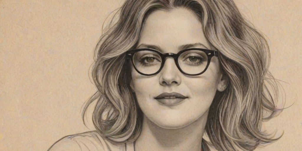 Enticing Drew Barrymore, pencil sketch, portrait of Bewitching woman 1927s in glasses, hair style beatnik, outline, clear lines, fine lines, 8k