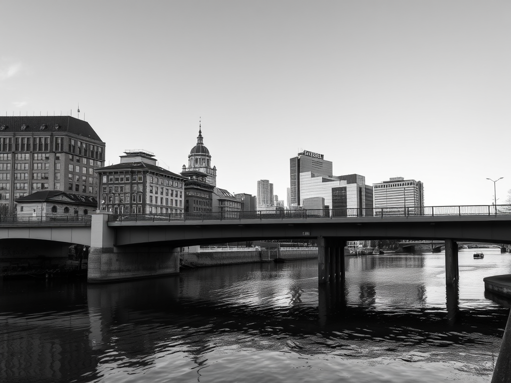 capture a black and white photograph of a cityscape featuring a bridge over a river with reflections, using a DSLR camera, 50mm lens, aperture f/8, shutter speed 1/125s, ISO 200, taken from a low angle perspective to emphasize the buildings and water reflections.