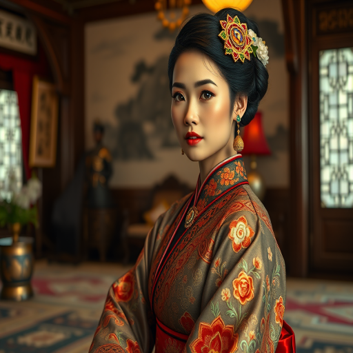 A beautiful Pacific Islander woman in traditional East Asian attire, intricately detailed with embroidered patterns, sitting gracefully in a richly decorated room, soft ambient lighting, serene and elegant, ultra-realistic, 8K resolution