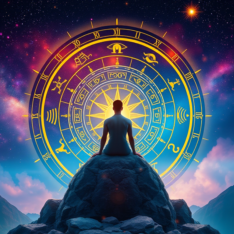 Create a vibrant digital artwork of a serene figure sitting on a rock, surrounded by a circular zodiac wheel with golden symbols, ethereal colors, and a starry background, using a Canon EOS R5 with a 50mm lens, aperture f/1.8, ISO 100, and soft natural lighting to enhance details and depth.