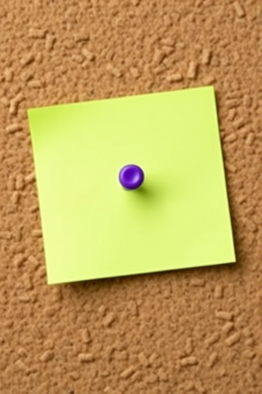 Create a vibrant green sticky note with a purple thumbtack on a corkboard background, using a Canon EOS 5D Mark IV with a 50mm lens, aperture f/2.8, ISO 100, and a shallow depth of field for a soft background blur.