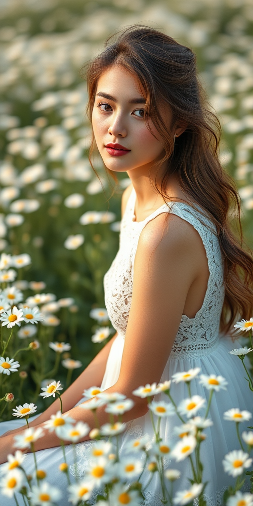 Generate an image of a young woman in a white lace dress sitting amidst a field of daisies, captured with a Canon EOS R5, 50mm f/1.2 lens, aperture f/2.8, ISO 100, soft natural lighting, portrait orientation, and shallow depth of field for enhanced background blur.