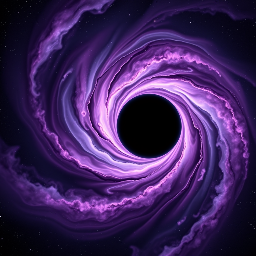 Create a high-resolution image of a black hole with swirling purple and white gases around it, captured using a DSLR camera at f/8 aperture and ISO 100, with a wide-angle lens at 24mm, in astrophotography style, showcasing a deep space background filled with stars.