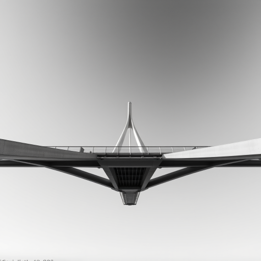 Aerial view of a modern bridge against a city skyline, taken with a Canon EOS R5, 50mm lens, f/8 aperture, ISO 100, 1/250 sec, in black and white, emphasizing sharp details and contrast.
