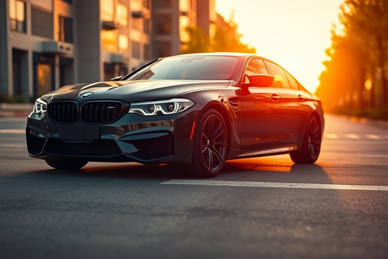 Capture a high-resolution image of a sleek black car parked in an urban setting during golden hour, using a Canon EOS R5 with an 85mm f/1.2 lens, aperture set to f/1.8, ISO 100, and a shutter speed of 1/200 sec for optimal detail and clarity.