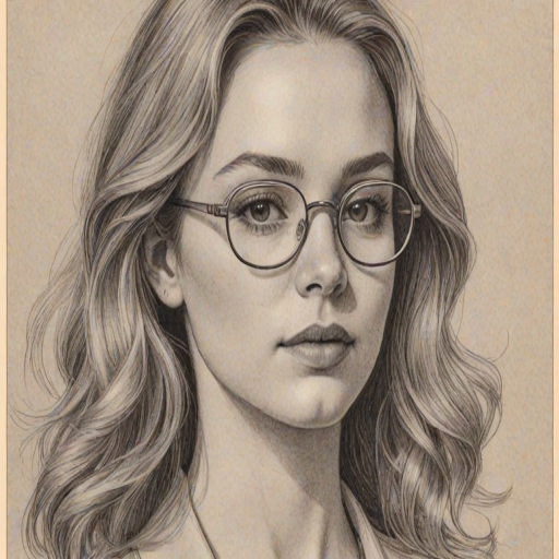 Alluring Morgan Saylor, pencil sketch, portrait of Gorgeous woman 1970s in glasses, hair style beatnik, outline, clear lines, fine lines, 8k