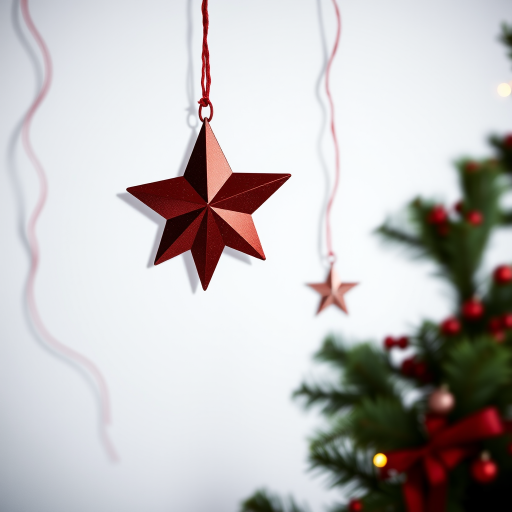 Create a high-resolution image of a red hanging star decoration on a white background, using a DSLR camera with a 50mm lens, aperture set to f/2.8, ISO 100, captured from a slightly elevated angle for a clean and clear view with soft shadows.