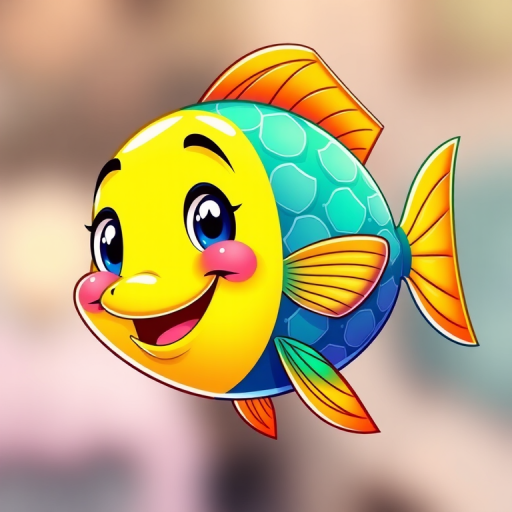 Generate a colorful cartoon fish illustration with vibrant scales, smiling expression, and a playful pose, captured with a Canon EOS R5 using a 50mm lens, f/1.8 aperture, ISO 100, and a shallow depth of field for a clean background.
