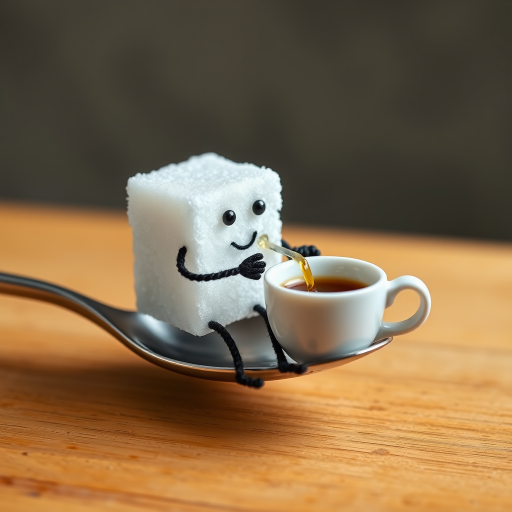 A sugar cube with a face and legs, sitting on a spoon and sipping a tiny cup of coffee.