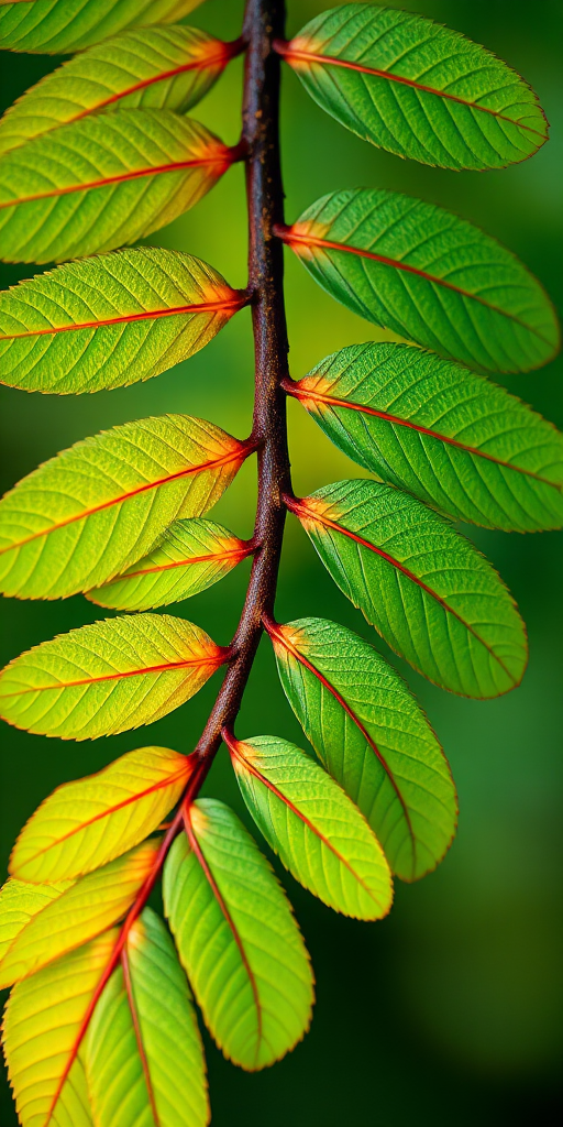 generate a high-resolution image of a green leaf branch with vibrant colors and sharp details, using a DSLR camera at f/8 aperture, 1/125 shutter speed, ISO 200, top-down view, macro photography style