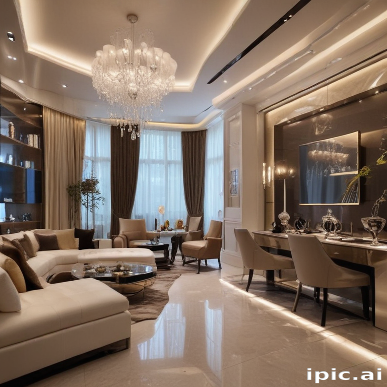Elegant Living Room Featuring Modern Design with Luxurious Chandeliers ...