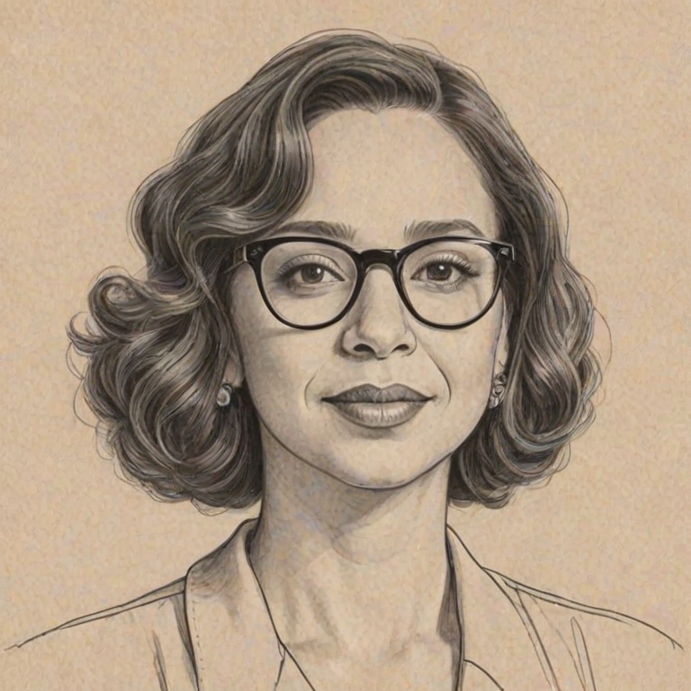 Comely Maya Rudolph, pencil sketch, portrait of Sublime woman 1925s in glasses, hair style beatnik, outline, clear lines, fine lines, 8k