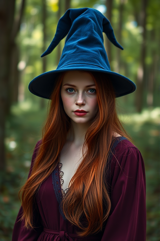 Portrait of a young woman with long red hair wearing a blue witch hat and a deep burgundy dress in a lush forest setting, shot with a Canon EOS R5 at f/1.8, ISO 100, 50mm lens, natural soft lighting for a dreamy atmosphere.