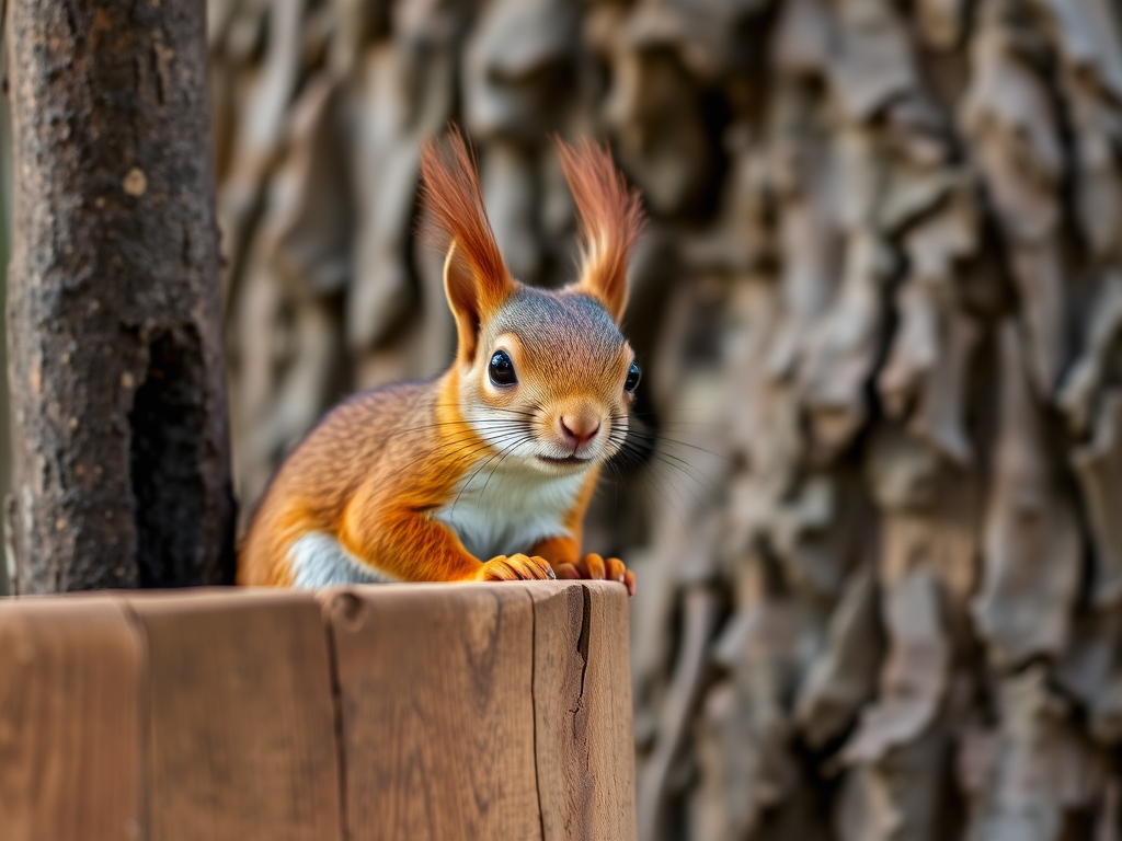 Capture a close-up of a red squirrel perched on a wooden feeder, surrounded by textured bark in the background, using a DSLR camera with a 50mm lens, aperture set to f/2.8 for shallow depth of field, ISO 200 for clarity, shutter speed at 1/200s to freeze motion, in natural light.