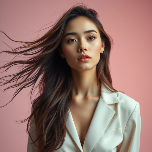 Create a high-resolution portrait of a fashionable woman with flowing hair, using soft lighting and a pastel color palette, shot with a Canon EOS R5 at f/1.8, ISO 100, 85mm lens, in a soft-focus style.