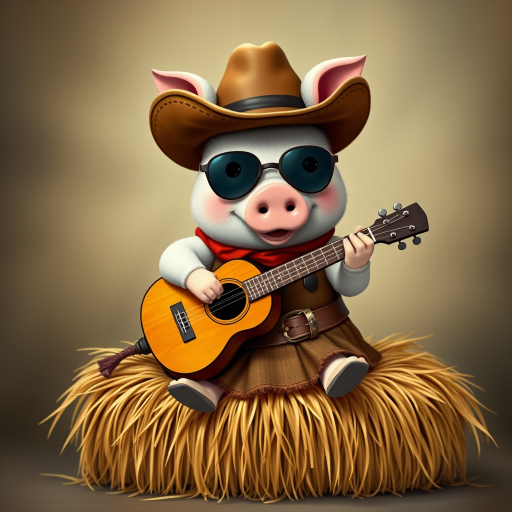 A chibi pig, dressed as a cowboy, playing guitar, sitting on a hay bale