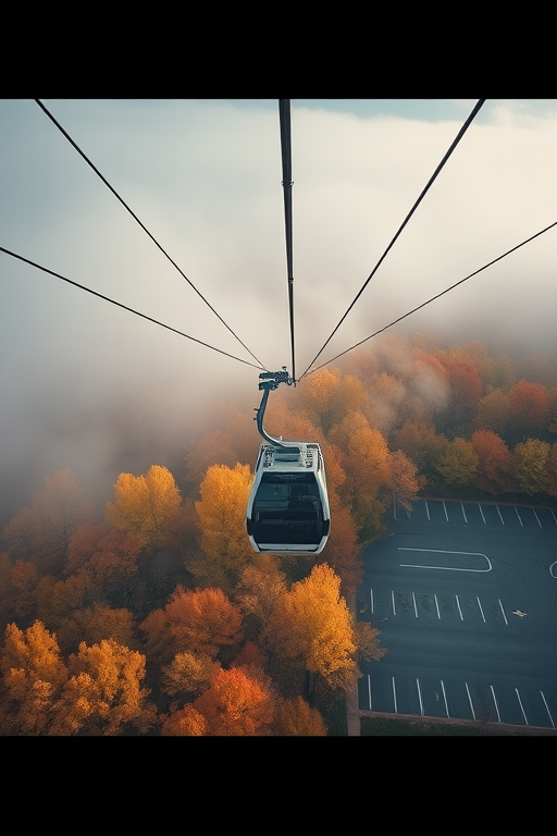 Aerial view of a cable car moving through fog over autumn-colored trees with a parking lot in the background, captured with a Canon EOS R5, 24mm lens, f/4 aperture, ISO 100, 1/250s shutter speed, in a landscape photography style.