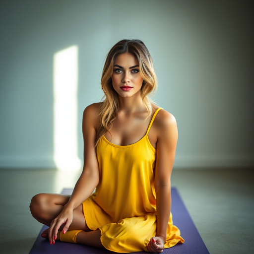 Resplendent photo of woman:caucasian:0.4, highlight hair, wearing Banana dress, sitting on Yoga mat, rim lighting, studio lighting, looking at the camera, dslr, ultra quality, sharp focus, tack sharp, dof, film grain, Fujifilm XT3, crystal clear, 8K UHD, highly detailed glossy eyes, high detailed skin, skin pores