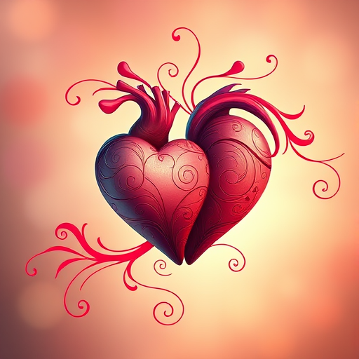 Create a high-quality digital illustration of two intertwined hearts with swirling patterns, using a Canon EOS R5, 50mm lens, f/1.8 aperture, ISO 100, 1/200 sec exposure, soft natural lighting, and a vibrant color palette.